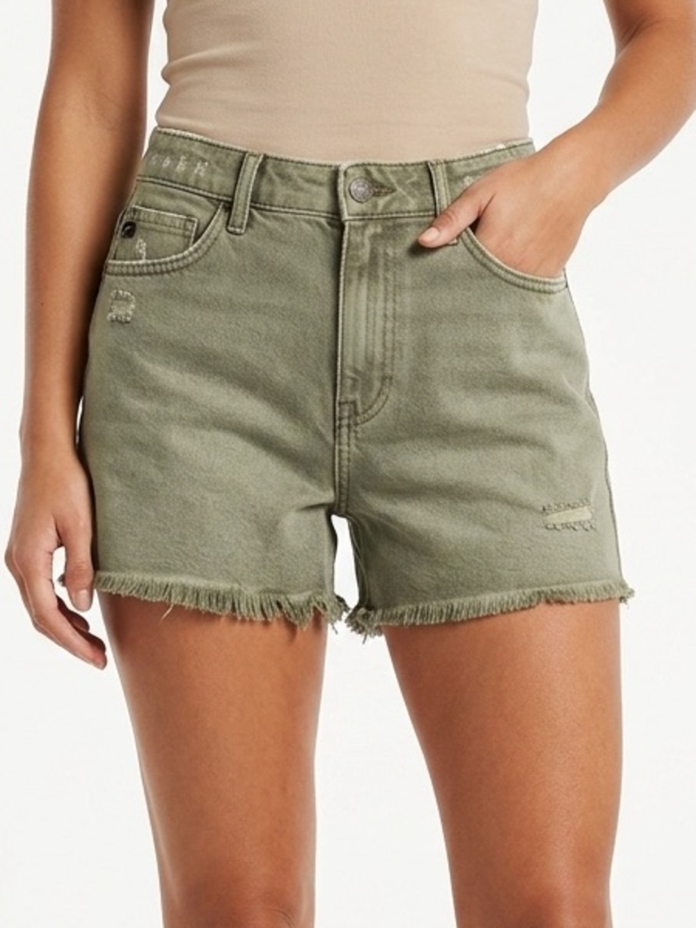 KanCan Olive Green Distressed Frayed Hem Denim Shorts